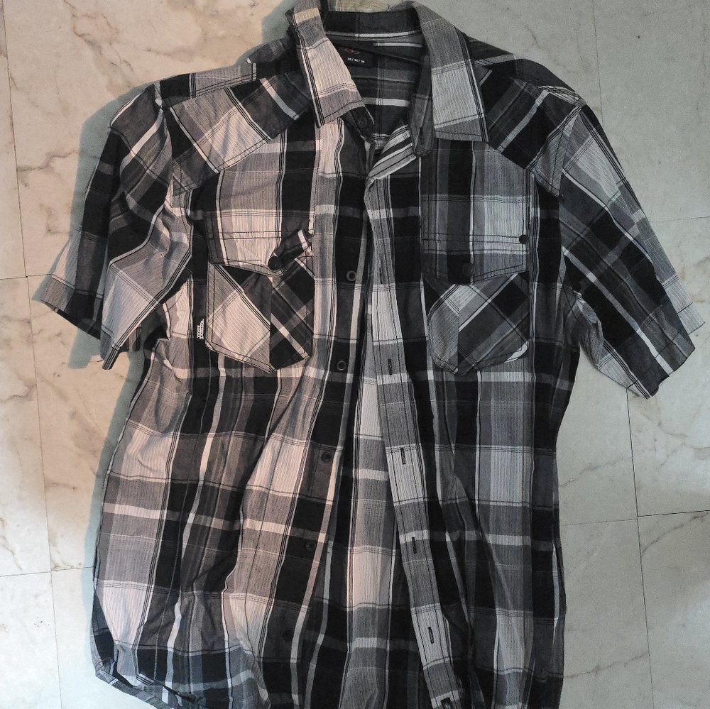Men's Black and White Plaid Button-Down Shirt